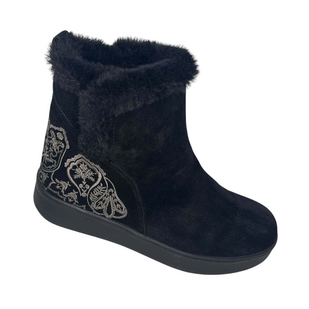 Johnny Was Black Gradi Embroidered Floral Suede Slip On Winter Boots Size 10M